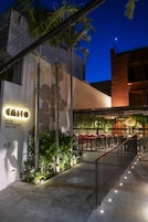 Ingresso moderno di un hotel con ristorante sulla terrazza, palme e un percorso ben illuminato.