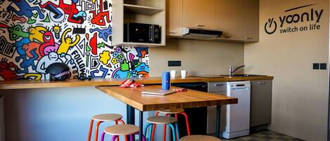 Fridge, microwave, coffee/tea maker