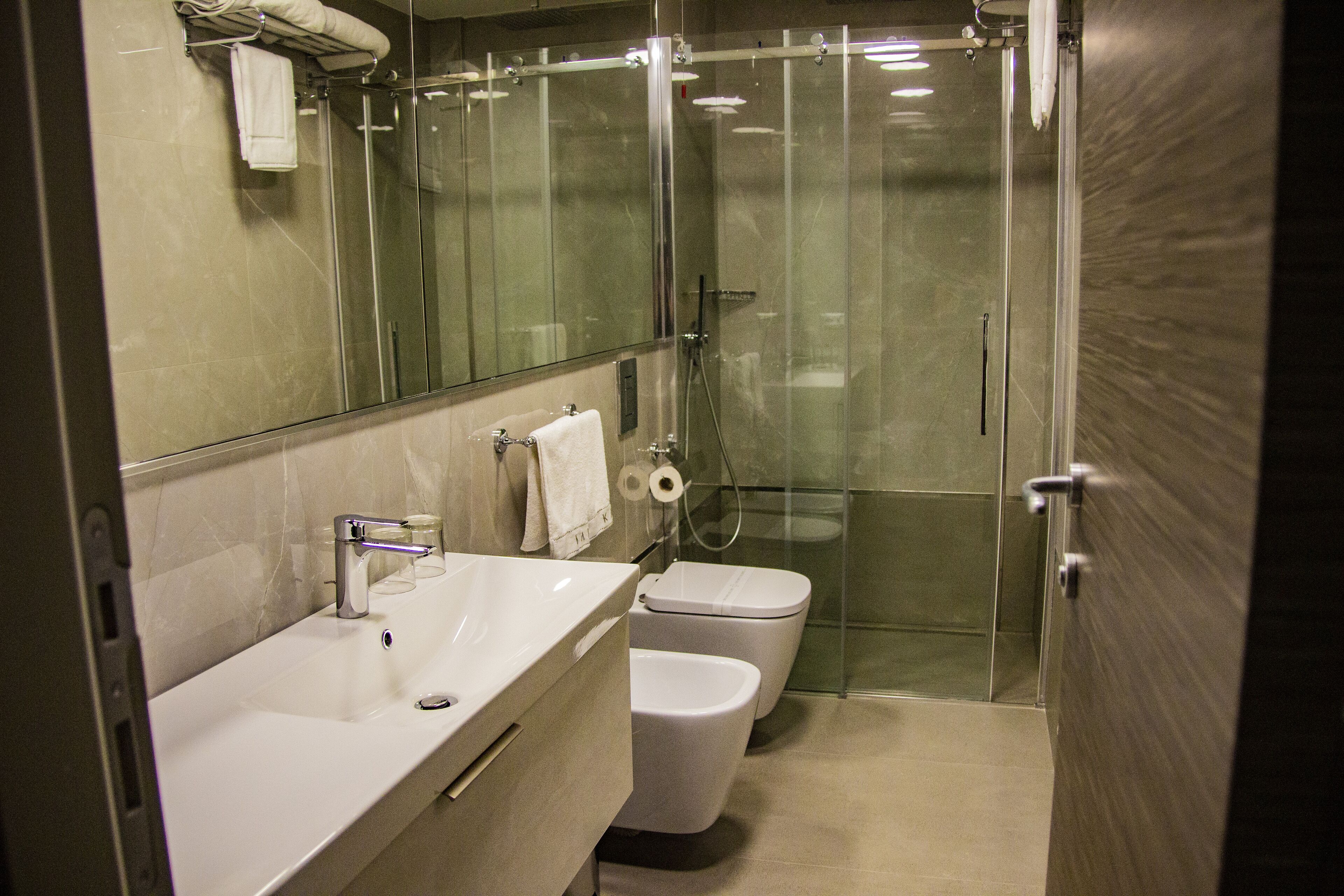 Un baño moderno con ducha envuelta en vidrio, un lavabo blanco y un inodoro.
