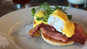 A breakfast plate with eggs Benedict, bacon, and greens. - The Chequers (Knebworth)