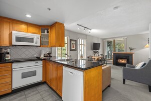 Microwave, stovetop, dishwasher, coffee/tea maker