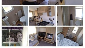 A compact living space with a dining area, kitchenette, and a cozy bedroom.