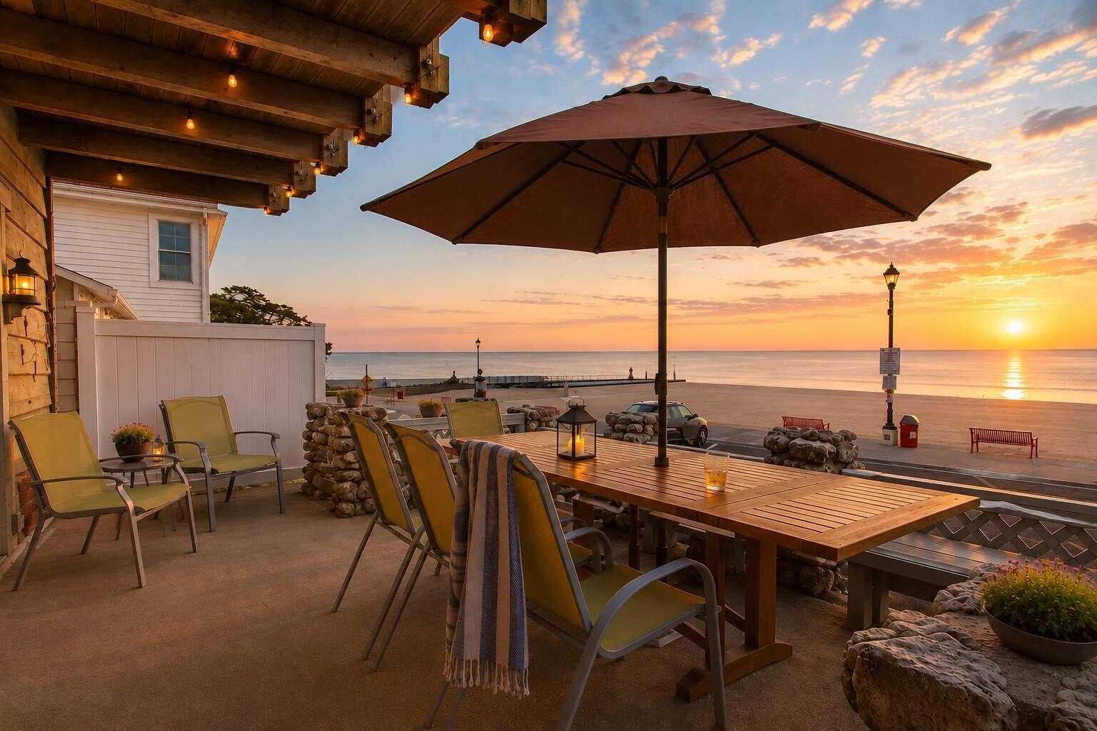 An outdoor patio with a table and chairs, overlooking a beach at sunset.