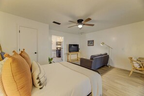 1 bedroom, desk, iron/ironing board, travel cot