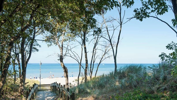 A wooden pathway leading to a beach with a wooden fence and trees. - Mariner's Cove 8 • Riverfront • Walk To Beach (South Haven)