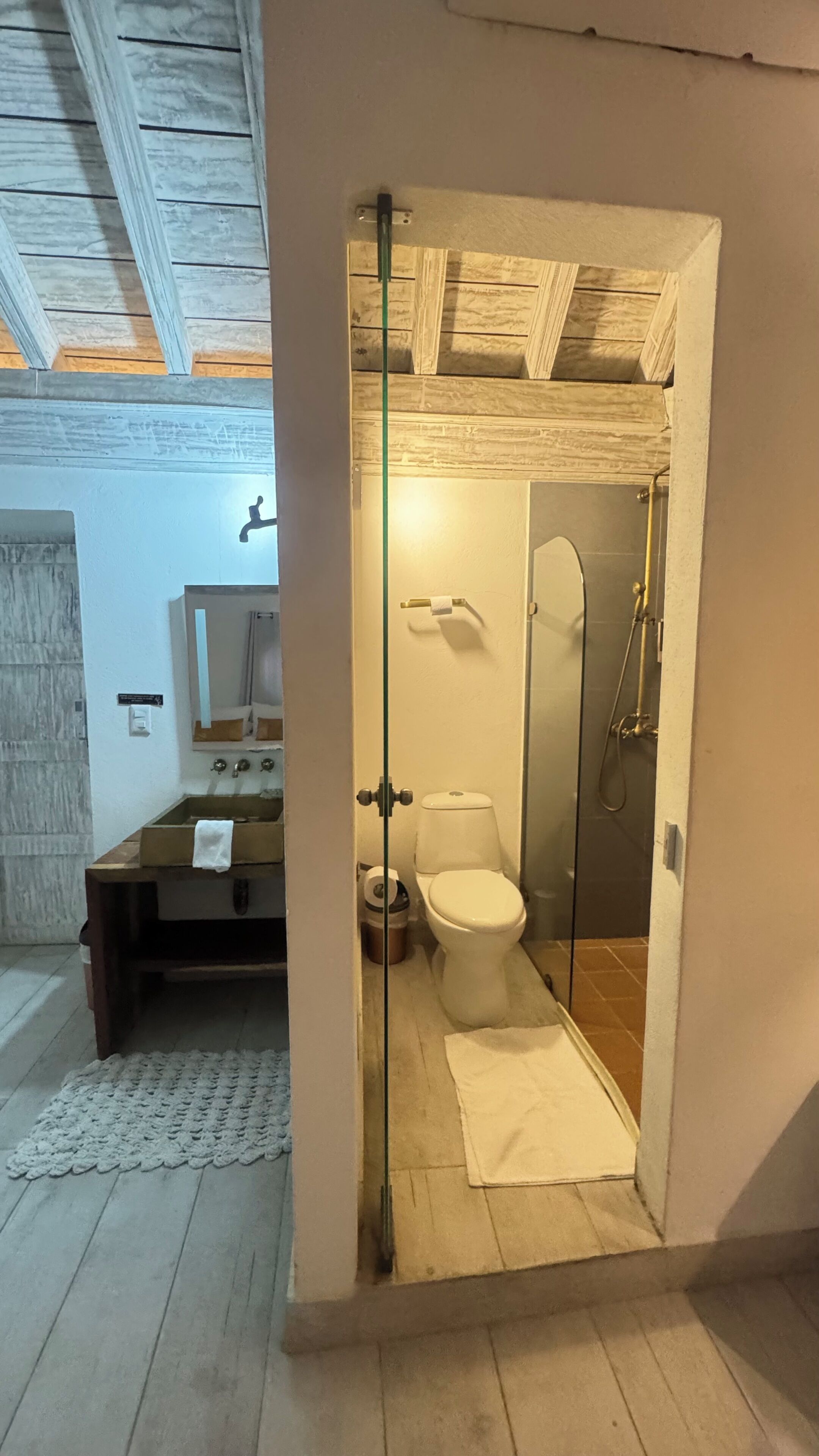 Une salle de bain avec une douche à parois de verre, des toilettes et un lavabo avec une serviette.