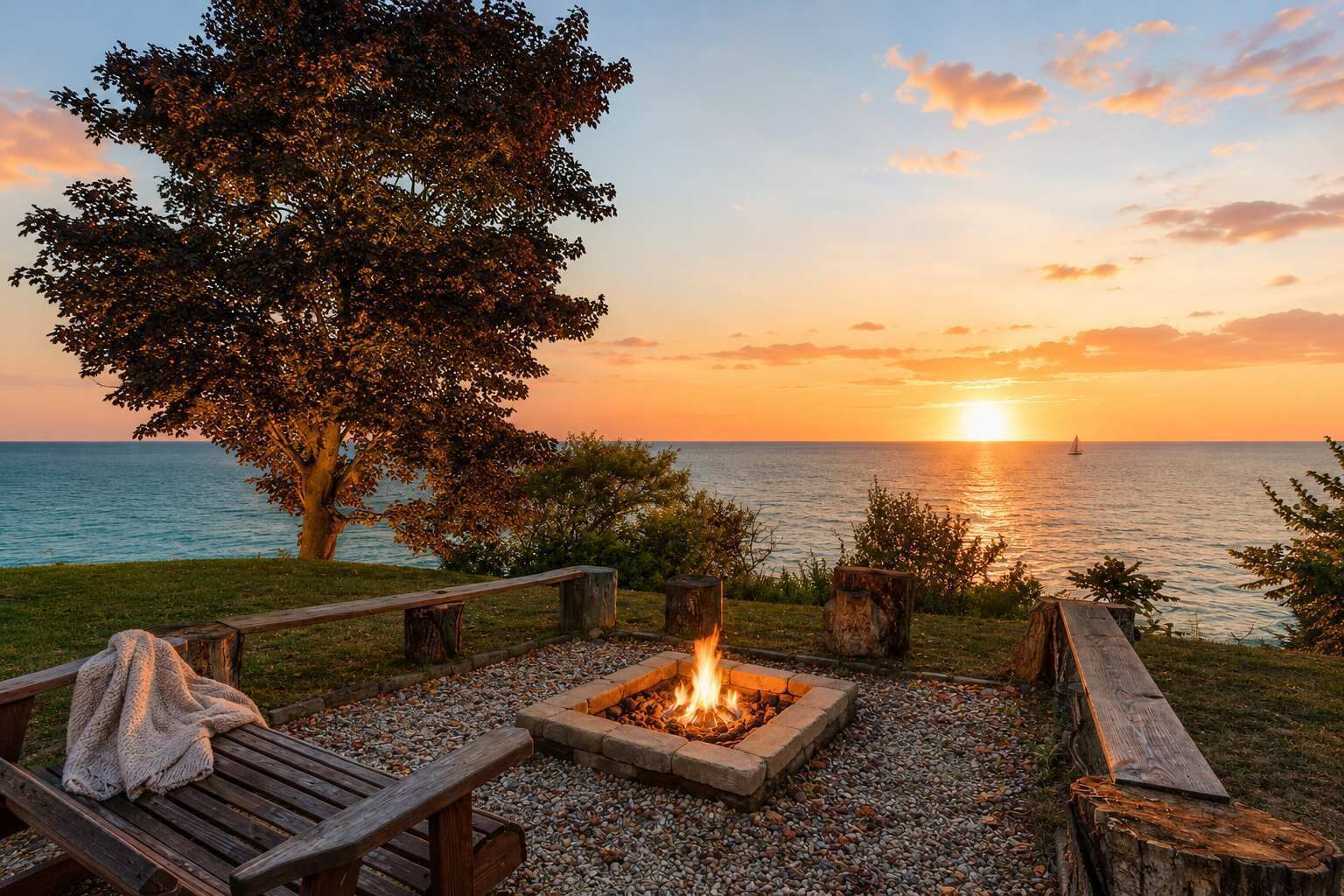 A sunset view with a fire pit, wooden benches, and a large tree overlooking the sea.