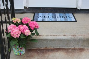 A welcome mat with 'WELCOME' text, a flower pot with pink flowers, and a metal gate.