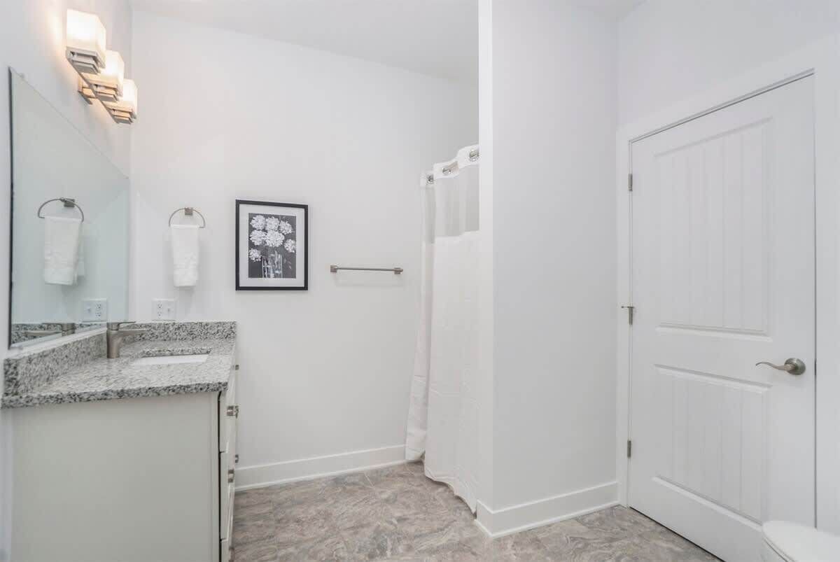 A bathroom with a white door, a shower curtain, a framed picture on the wall, and a granite countertop.