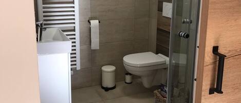 Douche, séchoir à cheveux, serviettes fournies, savon