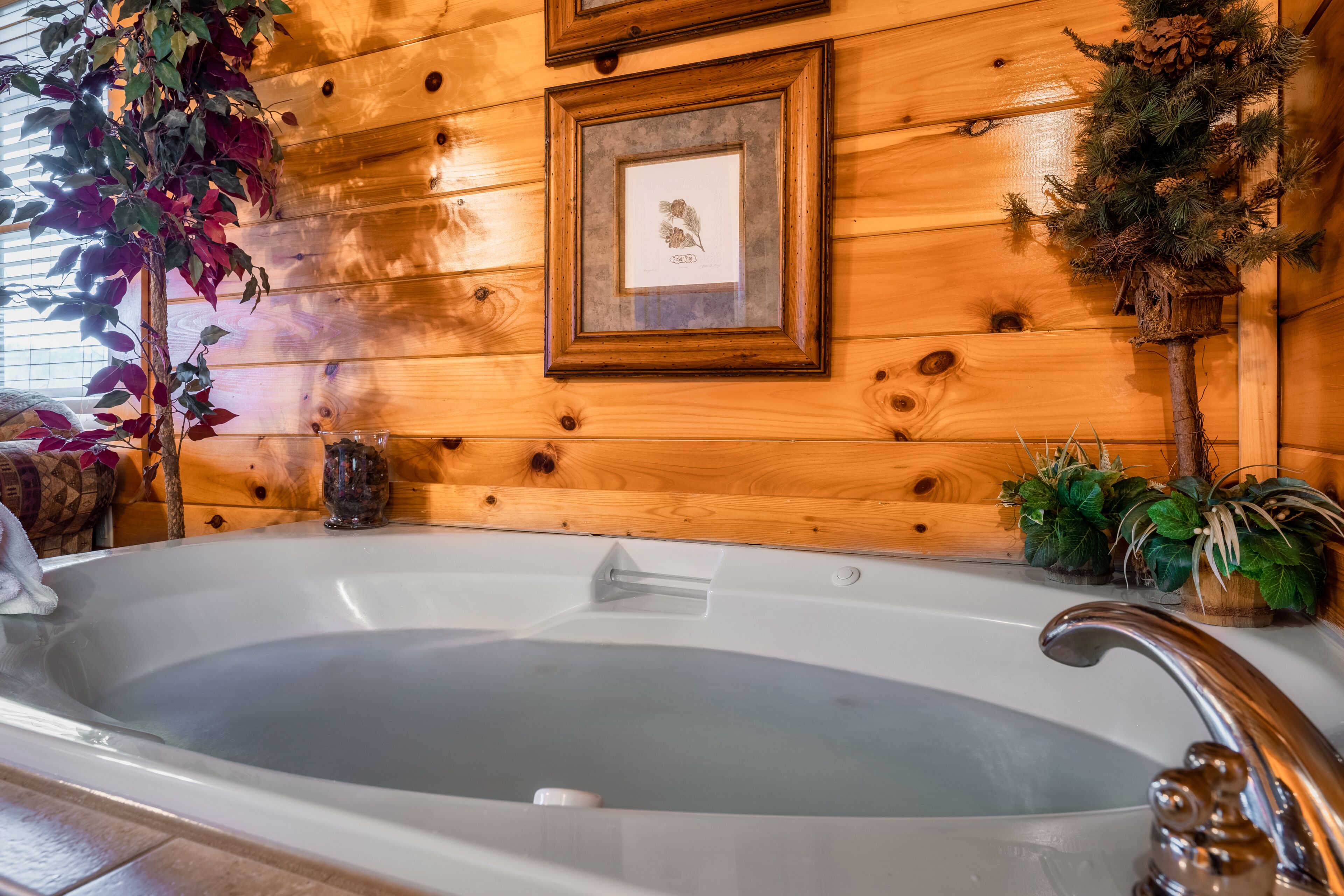Interior de una cabaña de madera con una bañera grande, obras de arte enmarcadas y plantas decorativas.