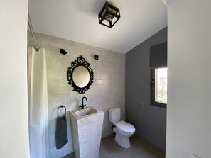 A bathroom with a stone sink, a white toilet, a decorative mirror, and a window providing natural light.