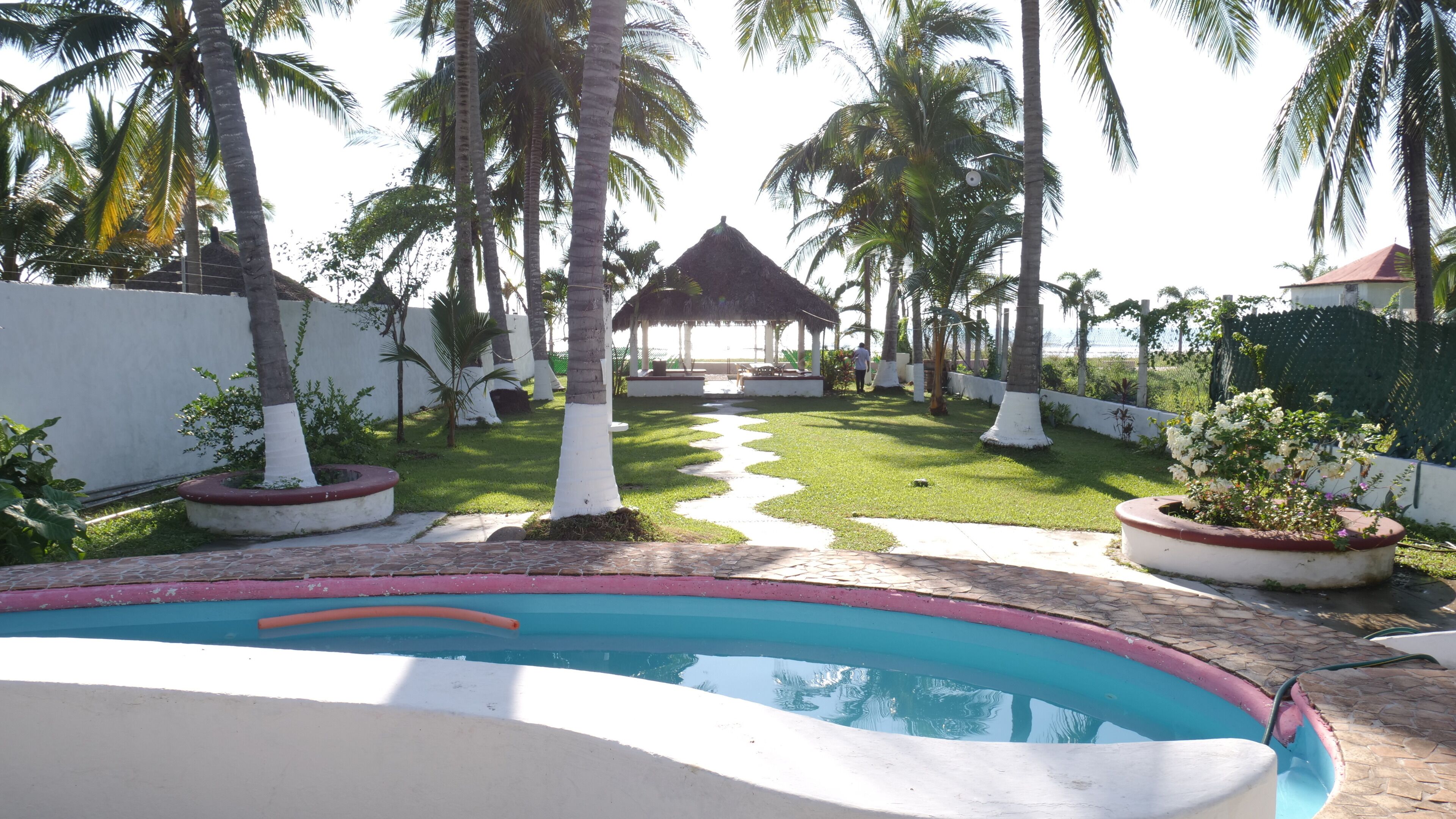Un área de piscina con una estructura de techo de paja, palmeras y un césped bien cuidado.