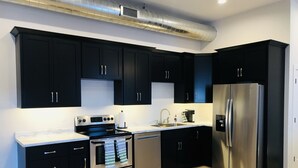 A modern kitchen with black cabinets, stainless steel appliances, and a marble countertop. - Is This Heaven Downtown Dyersville Apartment (Dyersville)