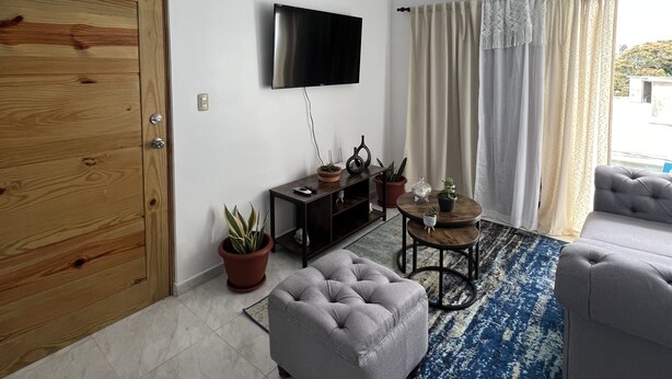 Un saló amb una porta de fusta, un televisor de pantalla plana, un sofà gris, una taula de centre i una catifa blava amb dibuixos.