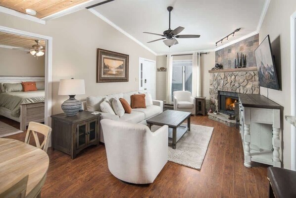 Flat-screen TV, fireplace, offices