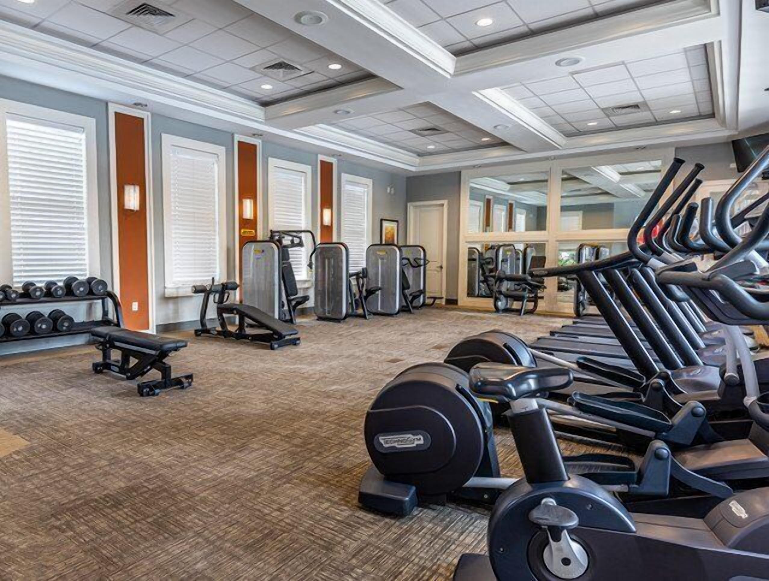 A gym with treadmills, weight machines, and dumbbells.
