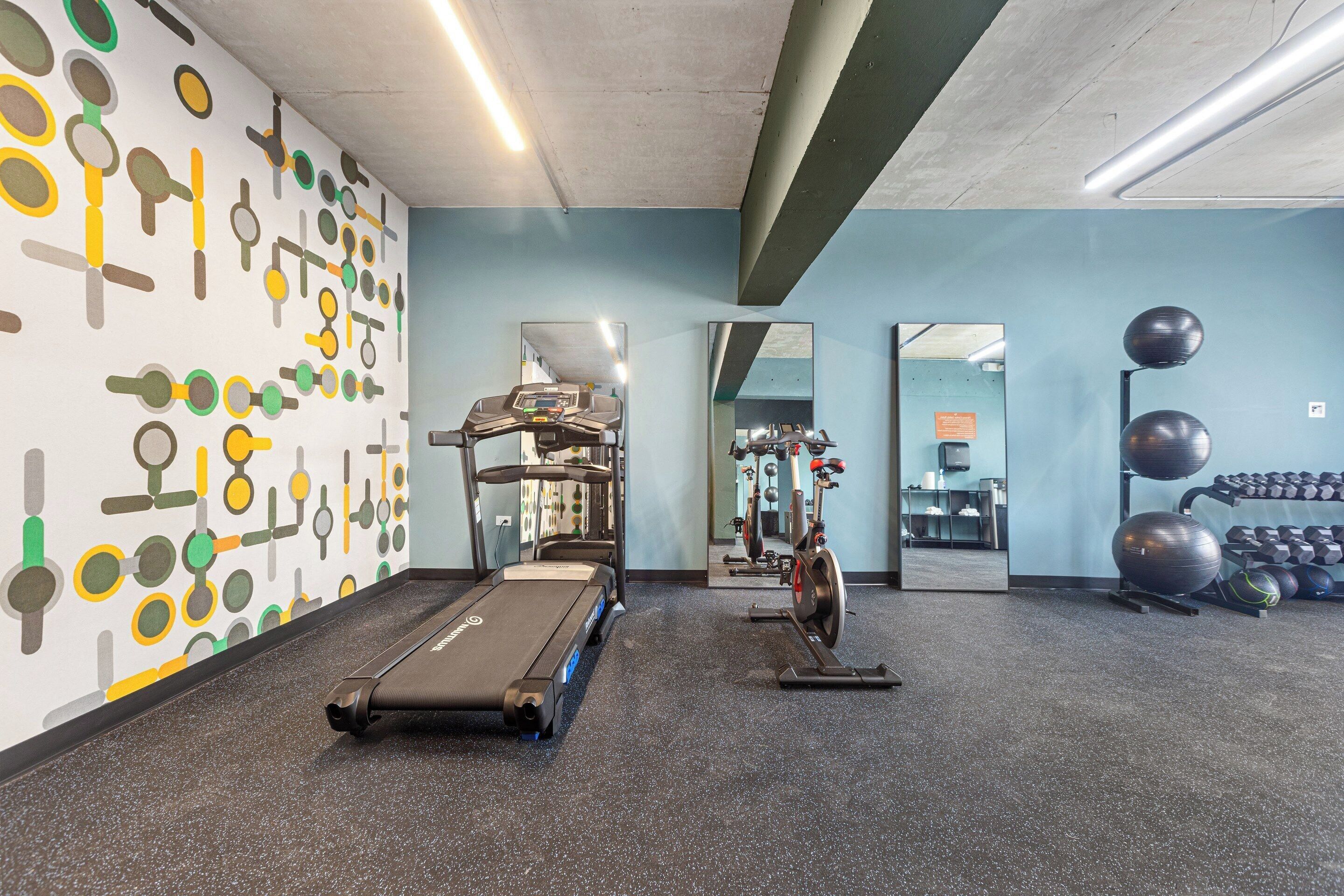A gym with a treadmill, stationary bike, and exercise balls.
