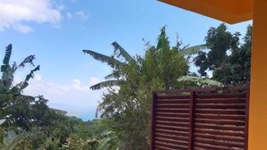 A view from a window with a red shutter, overlooking a garden with various plants and a clear sky. - 2-bedroom apartment in Diamant, salt water plunge pool, mountain & sea views (Le Diamant)