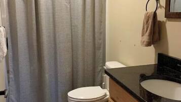 Combined shower/tub, hair dryer, towels, soap