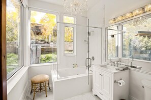 Combined shower/bathtub, jetted bath, hair dryer, towels
