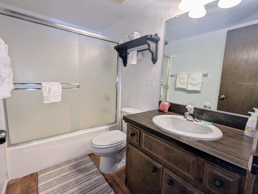 A bathroom with a glass shower enclosure, a white toilet, a wooden vanity with a sink, and a mirror.