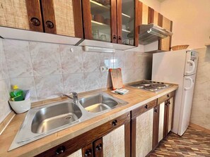 Fridge, oven, stovetop, cookware/dishes/utensils