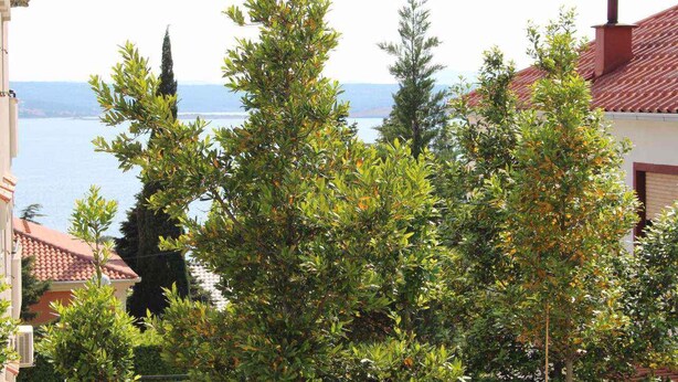 A view of a building with a red-tiled roof, surrounded by lush green trees and a body of water in the background. - Holiday apartment with terrace, air conditioning and garden (Dramalj)
