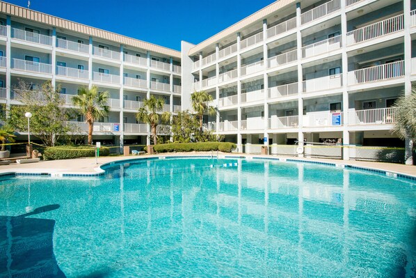 Relax by the hotel's large pool surrounded by lush landscaping and palm trees.