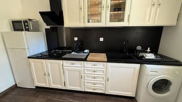 Fridge, microwave, stovetop, coffee/tea maker
