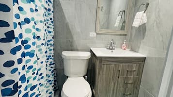 Shower, towels, soap, toilet paper