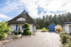 A house with a thatched roof, a blue door, and a paved driveway leading to a garage.