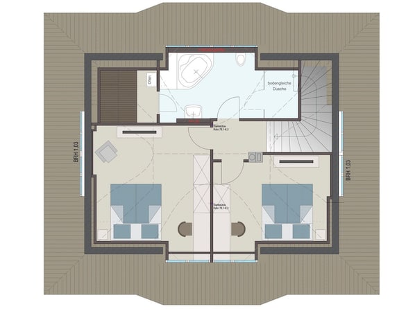 Plano de un cuarto de hotel que incluye un baño, una kitchenette, una sala de estar y dos recámaras.