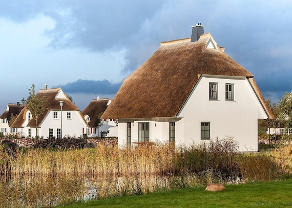 A row of white houses with thatched roofs, surrounded by tall reeds and a stone wall.