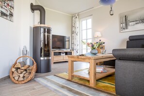A modern living room with a wood-burning stove, a television, a sofa, and a dining table.