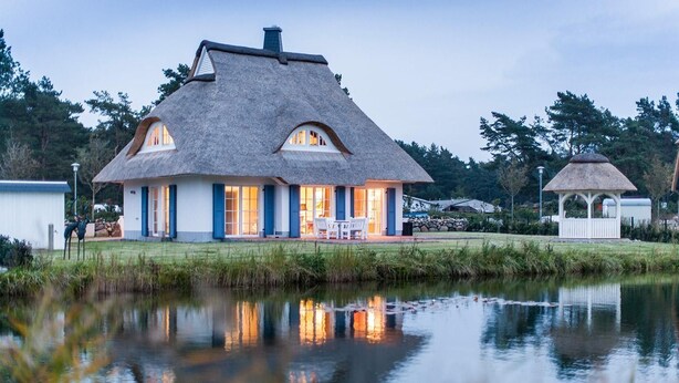 A thatched-roof house with a pond in front, a gazebo, and a chair outside.