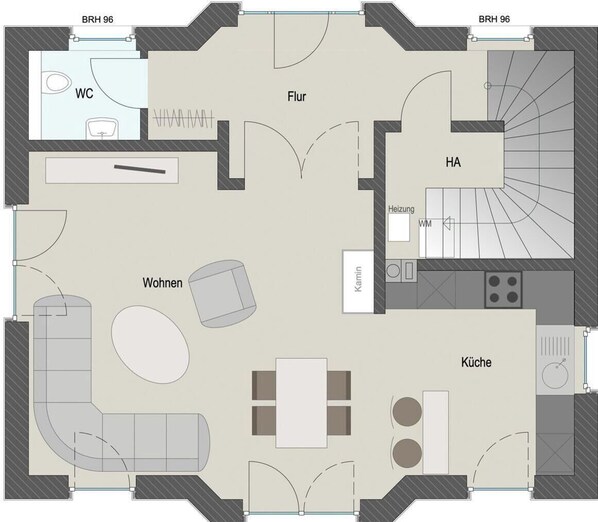 A hotel layout with a living room, kitchen, dining area, bathroom, and a hallway.