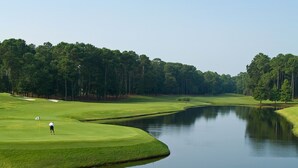 Un parcours de golf avec un étang, des arbres et un drapeau.