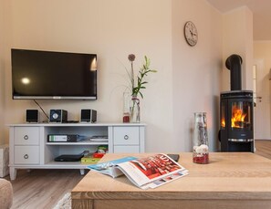 A modern living room with a flat-screen TV, a white entertainment unit, a glass vase with a plant, a magazine on a wooden table, and a wood-burning stove.