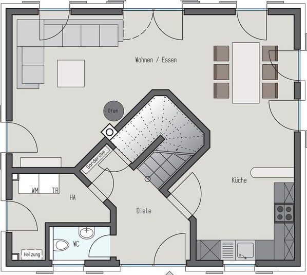 A floor plan of a hotel with a living room, dining area, kitchen, bathroom, and a garden area.