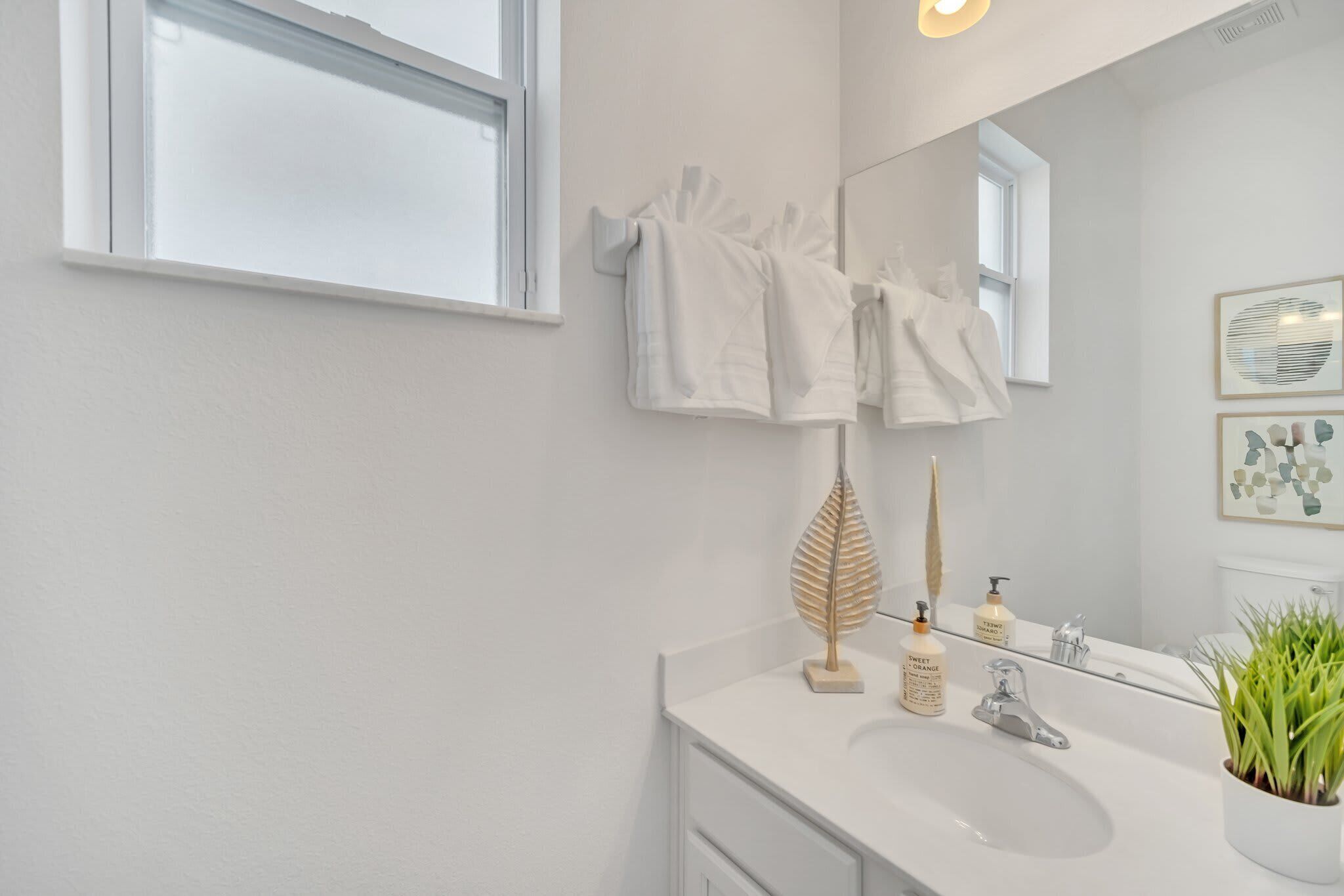 A bathroom with a white sink, a mirror, and a window. There are towels hanging on a towel rack, a decorative leaf, and a potted plant.