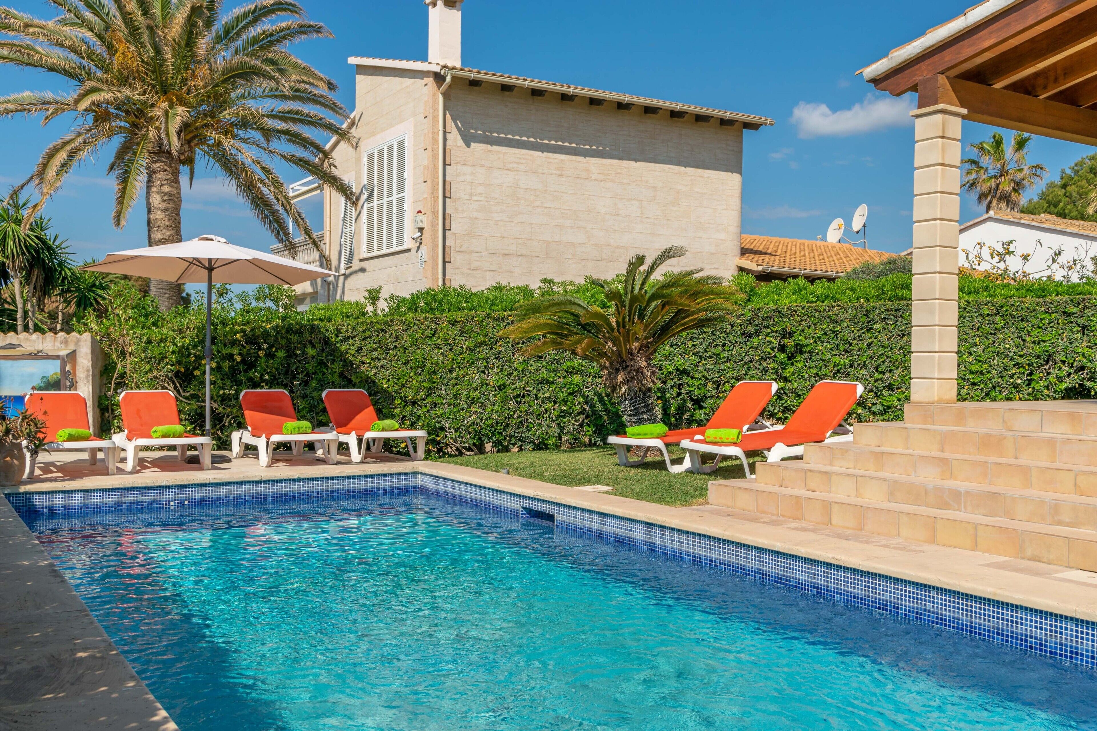 A swimming pool with red and white lounge chairs, surrounded by greenery and palm trees.