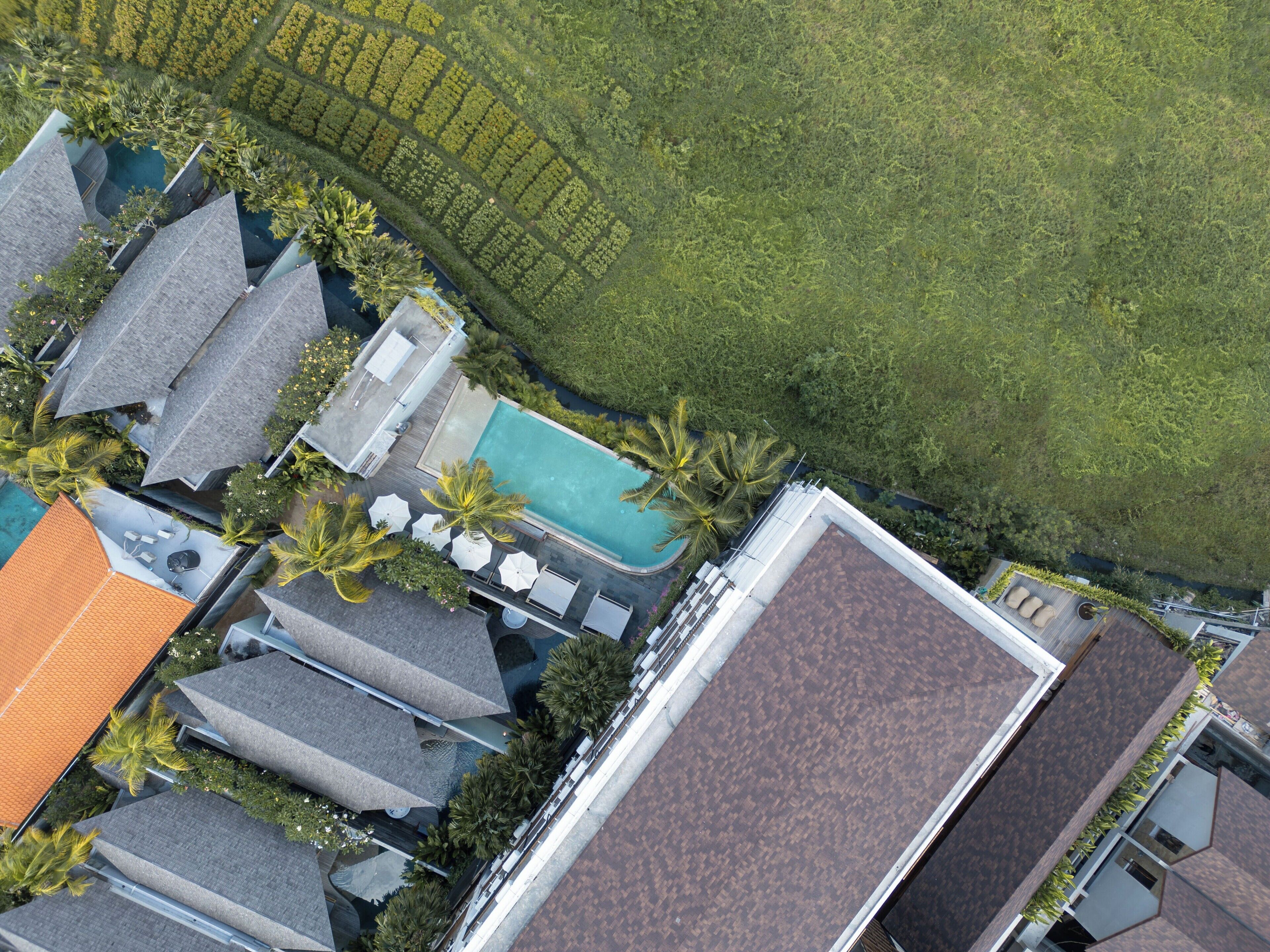 An aerial view of a residential area with multiple houses, a swimming pool, and lush greenery.