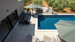 A modern outdoor pool area with a view of olive groves and a clear sky. - Altalune by Interhome (Novigrad (Istra))