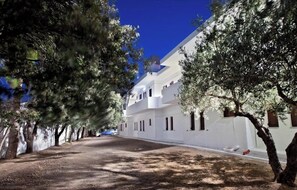 A white building with multiple windows and balconies, surrounded by trees. - Apartments with sea view, Creta, Ierapetra (Ierapetra)