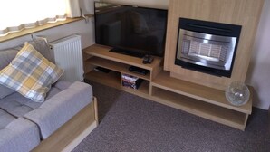 A cozy living area with a sofa, a flat-screen TV, a fireplace, and a shelf with books. - 2 bedroom 6 berth  caravan with decking (Abergele)