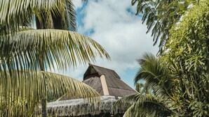 A thatched-roof hut with a hammock in front, surrounded by lush greenery. - Private garden bungalow just 200m from the beach (Fare)