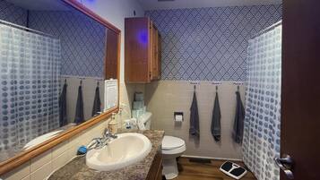 Combined shower/tub, hydromassage showerhead, free toiletries