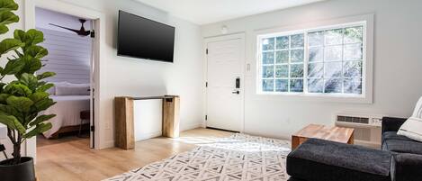 A modern living room with a flat-screen TV, a ceiling fan, a large window, and a patterned rug.