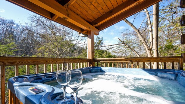 Un bain à remous avec deux verres et un panneau de commande, entouré d’une terrasse en bois et d’arbres.